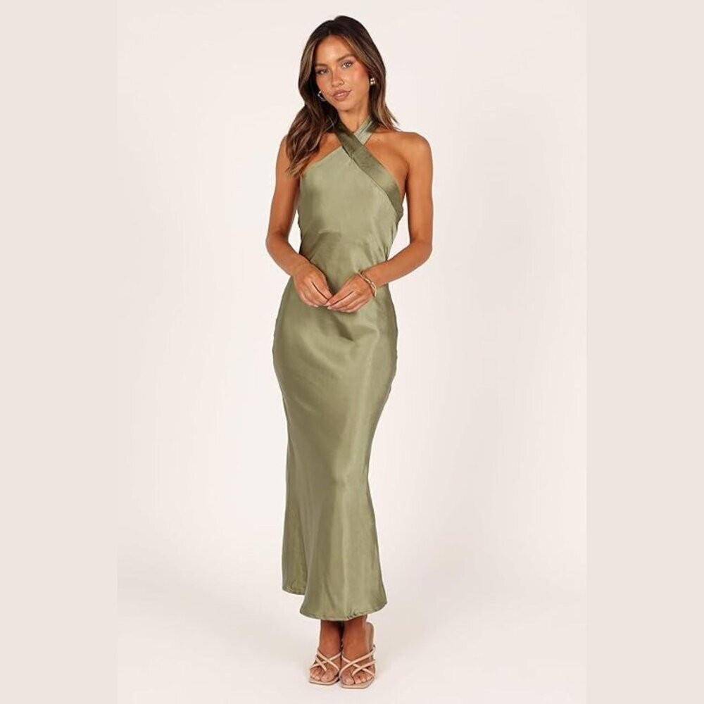 New! Petal + Pup Grasie Olive Green Satin Halter Maxi Dress Size 8 41370 - Picture 3 of 14